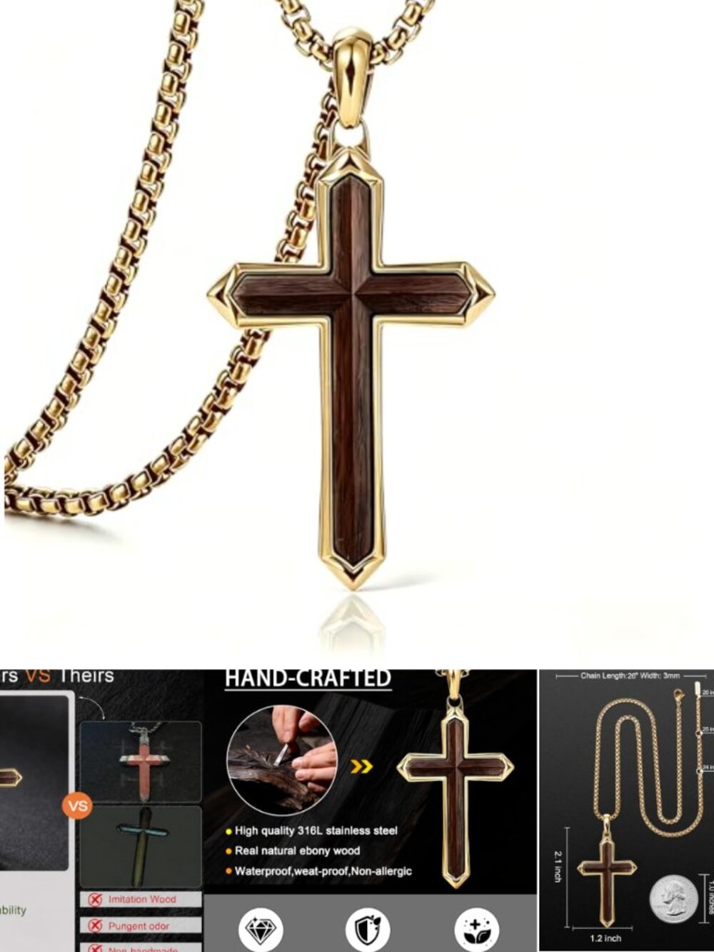 Wooden Cross Necklace Men 316L Stainless Steel Ebony Adjustable Christian Gift